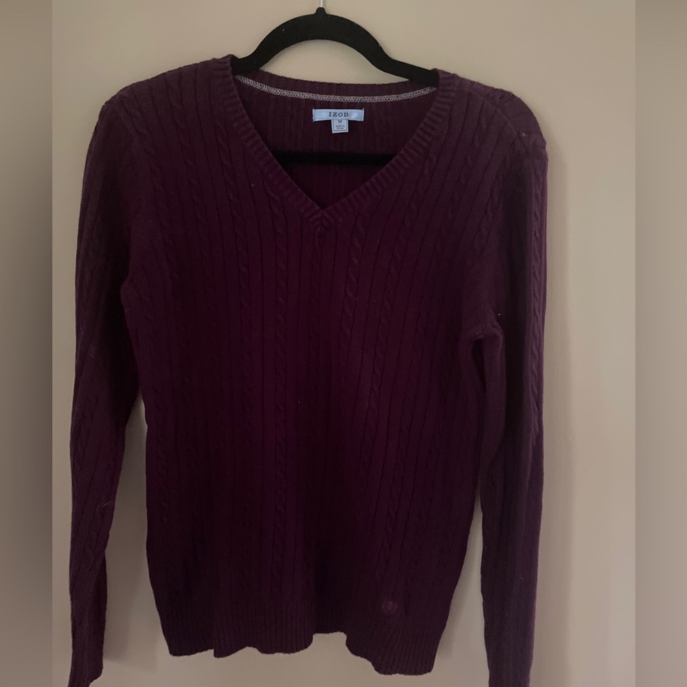 IZOD Women's Sweater Maroon Burgundy Purple Medium M cotton Long Sleeve, V-Neck